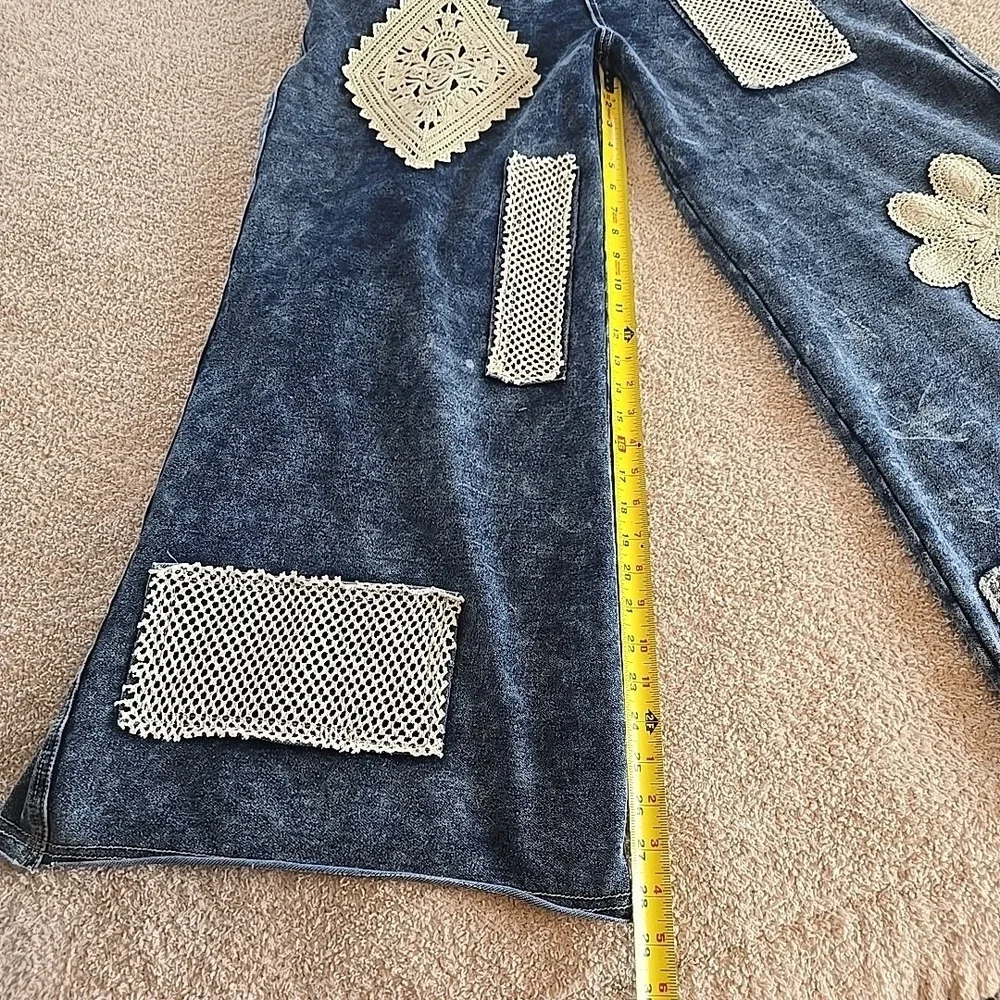 POL Denim Dark Wash Overalls Wide Leg Crochet Patchwork Size S NWT Boho - Picture 13 of 16